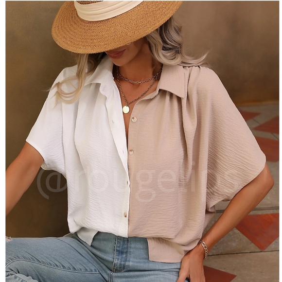 Rouge! Tops - Loose Fitting Color Block 2 Tone Button Up Down Shirt Batwing Sleeve Tan Beige